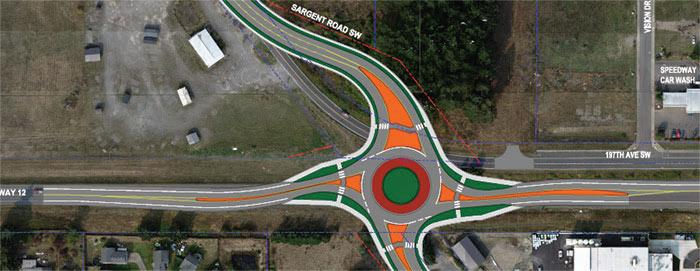 An architect’s rendering of the roundabout project at US Highway 12 and Sargent Road SW in Grand Mound